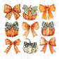 a bunch of pumpkins with bows on them