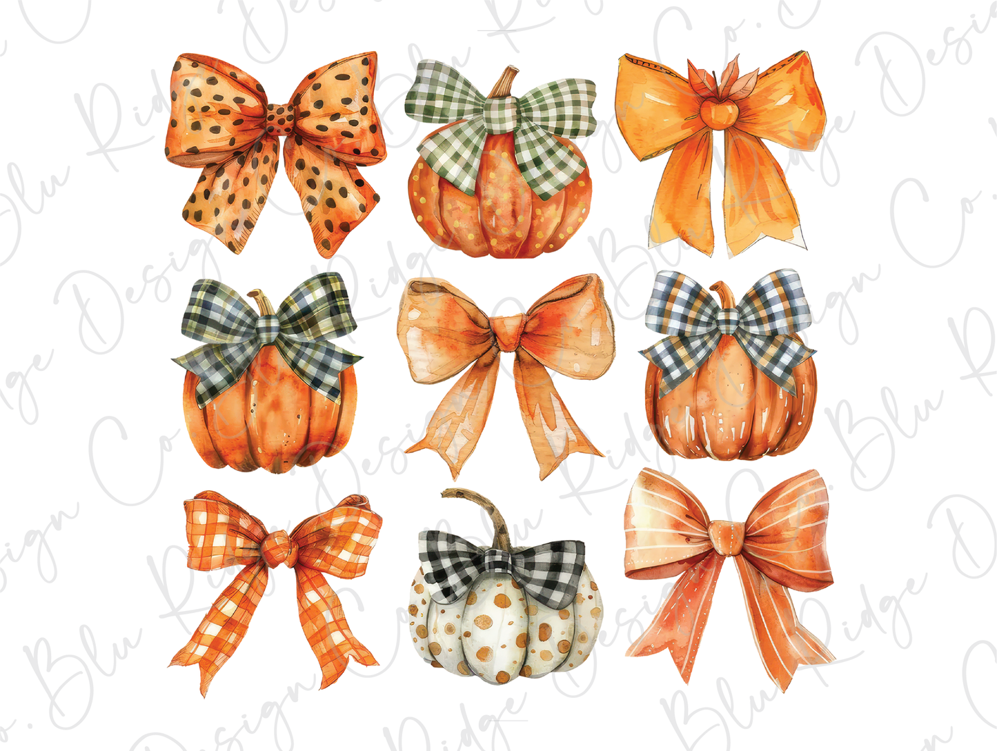 a bunch of pumpkins with bows on them