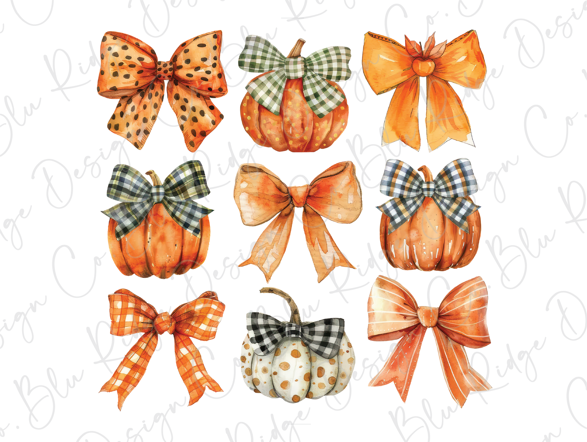 a bunch of pumpkins with bows on them