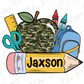 a back to school clipart with a backpack and school supplies