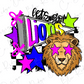 A stylized illustration featuring a lion's head with pink star-shaped eyes, surrounded by a colorful and abstract design with various shapes, including stars, lines, and text.