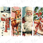 a group of four christmas cards with santa claus, snowman, deer, and