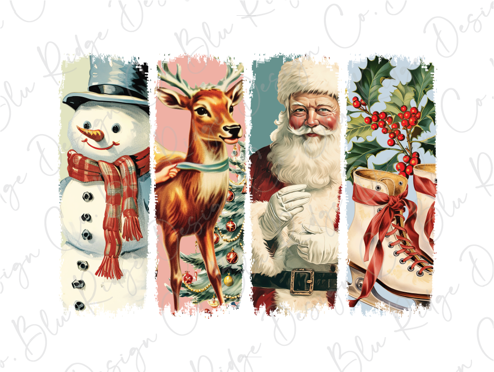 a group of four christmas cards with santa claus, snowman, deer, and