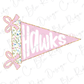 A pink triangular flag with the word "Hawks" written on it, along with two pink bows.