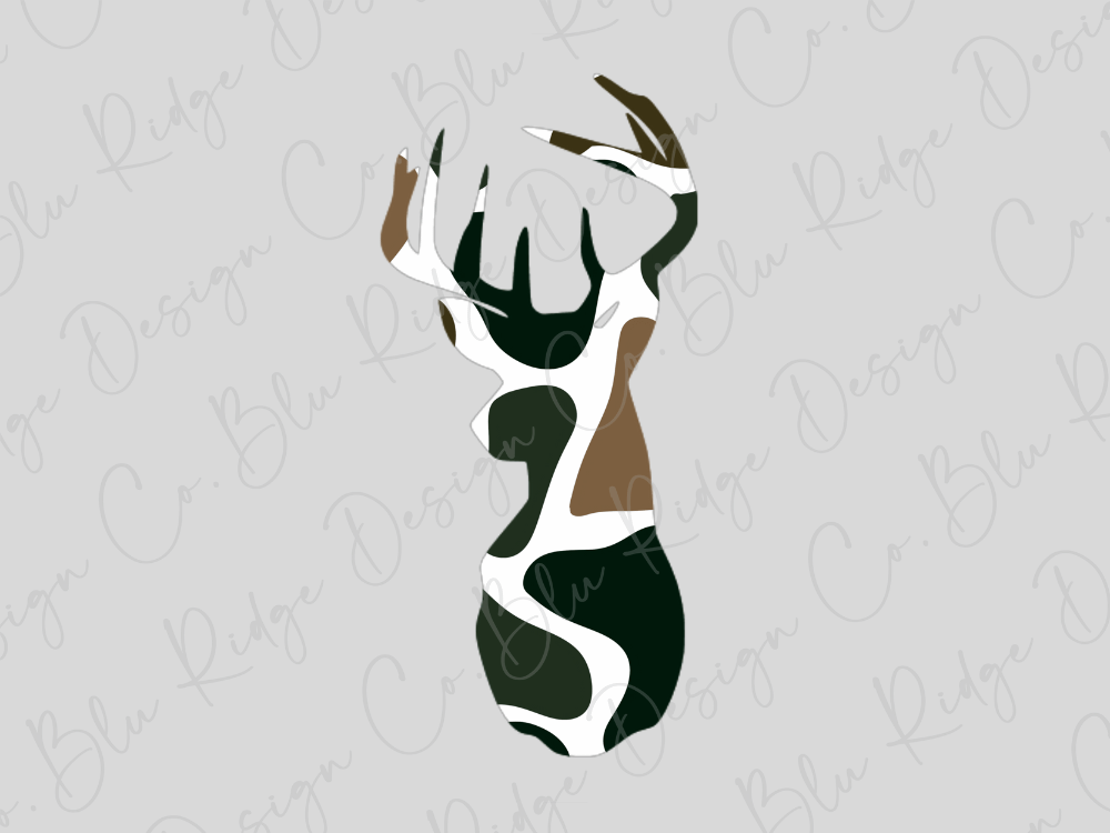 A stylized deer head silhouette against a light gray background.