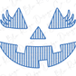 A blue and white striped Halloween jack-o-lantern face with a smile and two pointed ears.