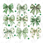 a bunch of green and white bows on a white background