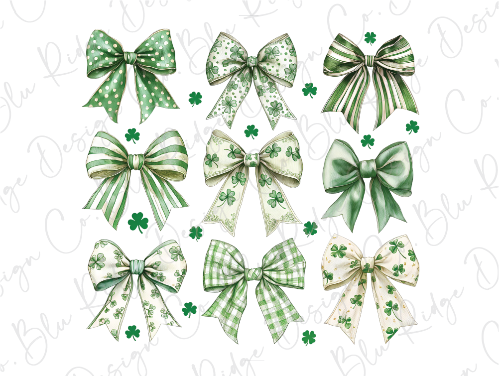 a bunch of green and white bows on a white background