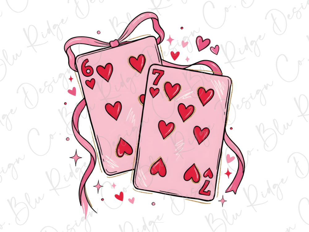 two pink playing cards with hearts on them, surrounded by pink ribbons and hearts, creating a festive and celebratory atmosphere.