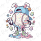 A whimsical illustration depicting a character resembling a baseball player dressed in a baseball cap and holding an Easter egg, surrounded by Easter eggs, flowers, and other Easter-themed elements.