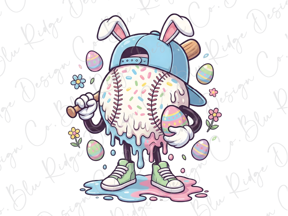 A whimsical illustration depicting a character resembling a baseball player dressed in a baseball cap and holding an Easter egg, surrounded by Easter eggs, flowers, and other Easter-themed elements.