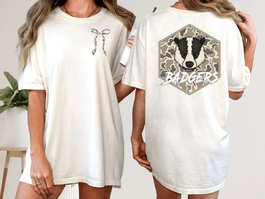 two different views of a white t-shirt with a graphic design on the back. The design features a badger's face and the word "Badgers" written below it.