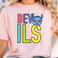 A woman wearing a pink t-shirt with the text "DEVILS" printed on it.