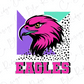 a stylized depiction of a pink eagle head, with the word "EAGLES" written below it in bold pink letters.