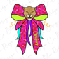 A cartoon illustration of a lion's head wearing a large pink bow with a leopard print pattern.