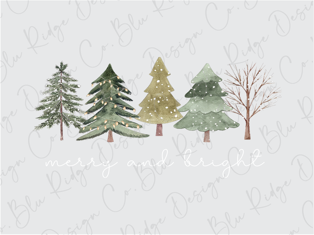 a christmas card with three trees and the words merry and bright