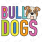 a bulldog with star-shaped eyes, accompanied by the text "Bulldogs" in a colorful, stylized font.