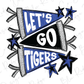 a graphic design with the text "LET'S GO TIGERS" and various decorative elements such as stars and polka dots.