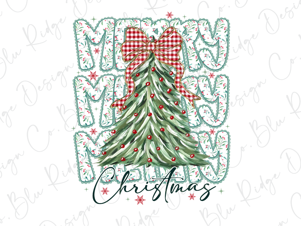 A Christmas tree with a red and white bow, surrounded by the text "Merry Christmas" in a decorative font.