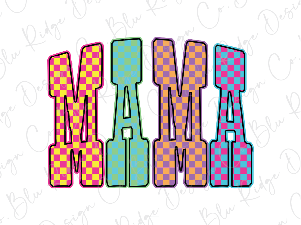 the word "MAMA" in a colorful, checkered font.