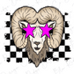 A stylized illustration of a ram's head with large, curved horns and pink star-shaped eyes, set against a black and white checkered background.