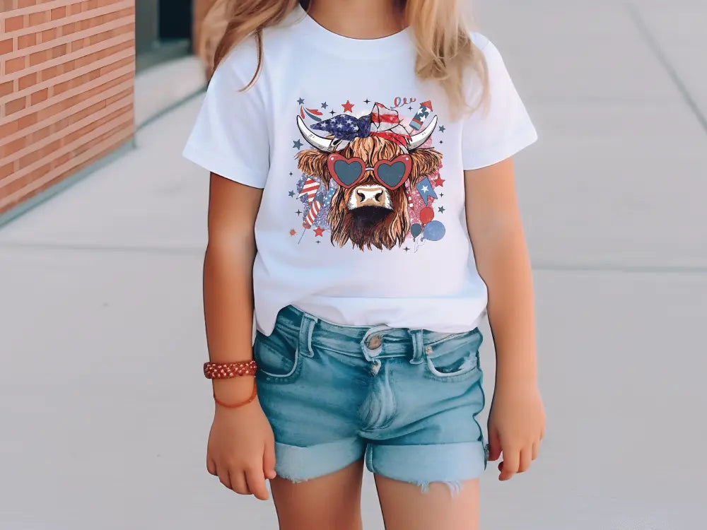 a little girl standing on a sidewalk wearing a shirt with a bull on it