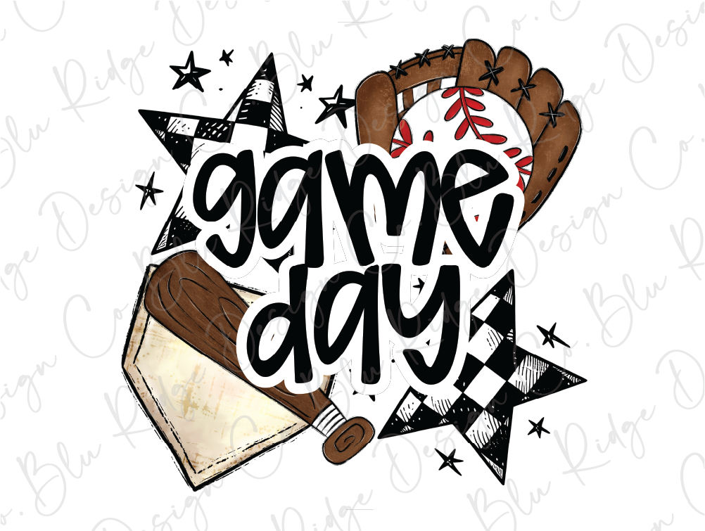 a game day sign with baseball, baseball bat, and stars