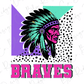 a colorful illustration of a Native American headdress with the word "Braves" written below it in bold pink letters.