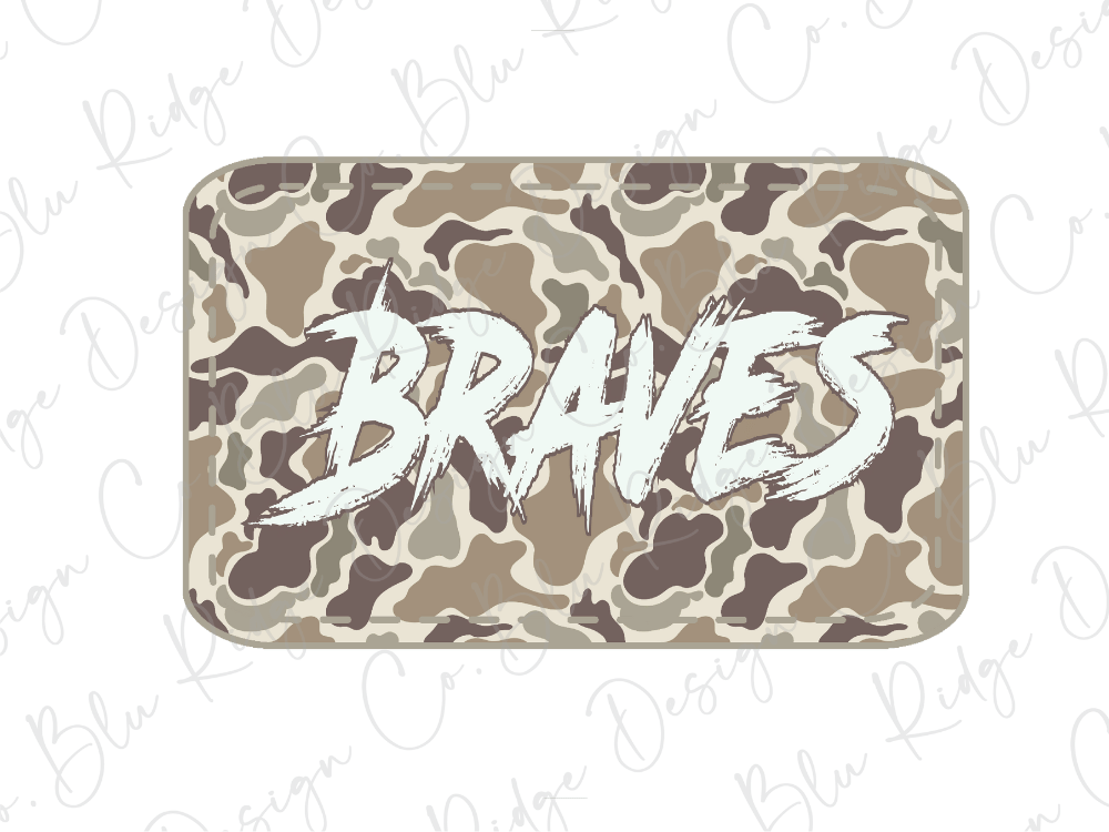 A camouflage-patterned object with the word "Braves" written in a bold, white font.
