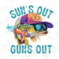 a fish wearing a hat and sunglasses with the words sun's out and guns