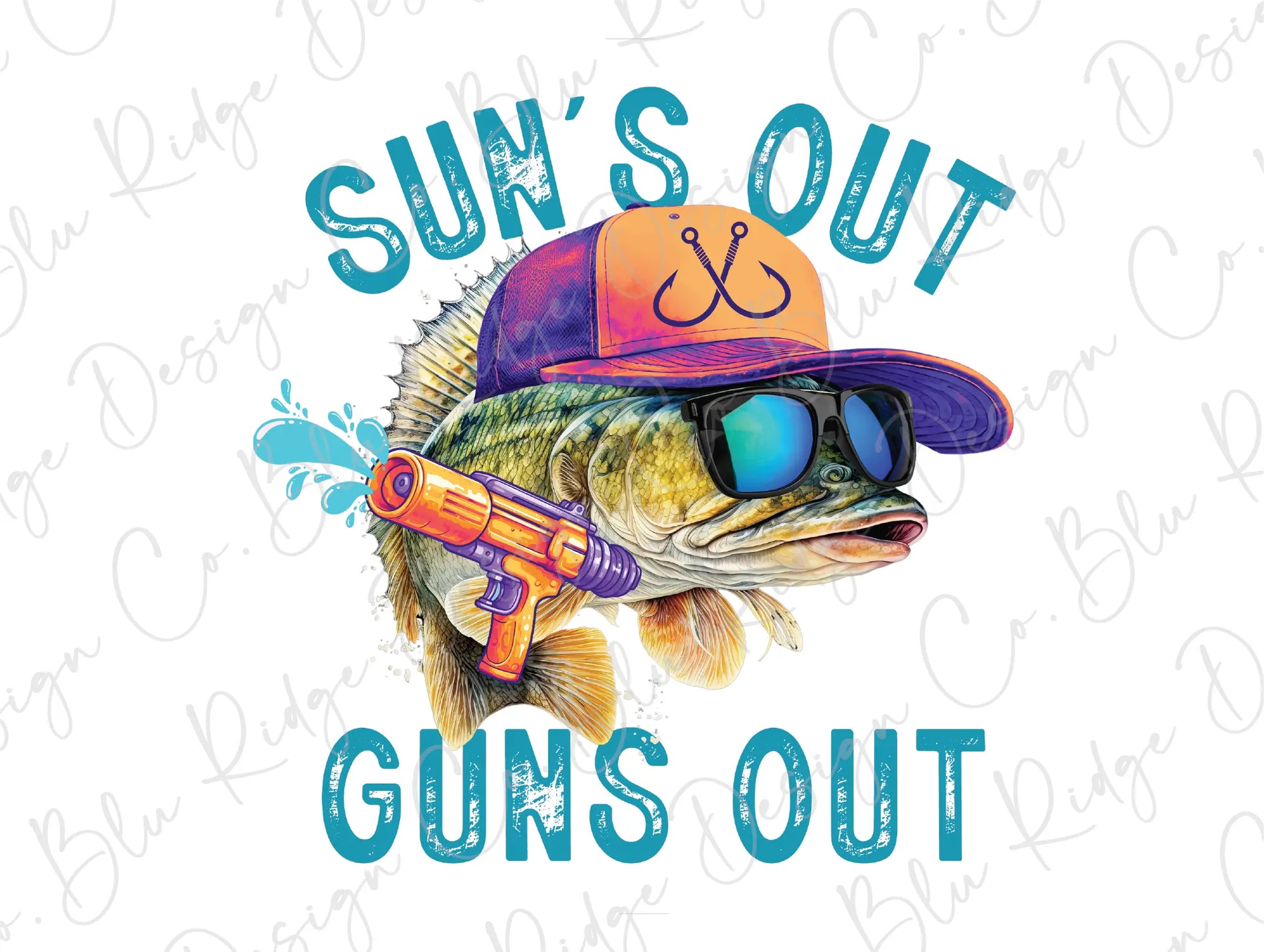 a fish wearing a hat and sunglasses with the words sun's out and guns