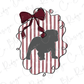 A silhouette of a dog is depicted within a decorative frame with a red ribbon bow.