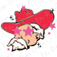 A stylized illustration of a person wearing a red cowboy hat with pink stars, and a white mustache, surrounded by pink stars.