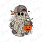 A cartoon ghost character wearing a baseball cap and holding a bucket of candy, with a spider web and bats in the background.