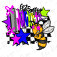 A colorful and stylized illustration featuring a bee surrounded by various geometric shapes, including stars, lines, and a checkered pattern. The text "Let's go" is prominently displayed in the image.