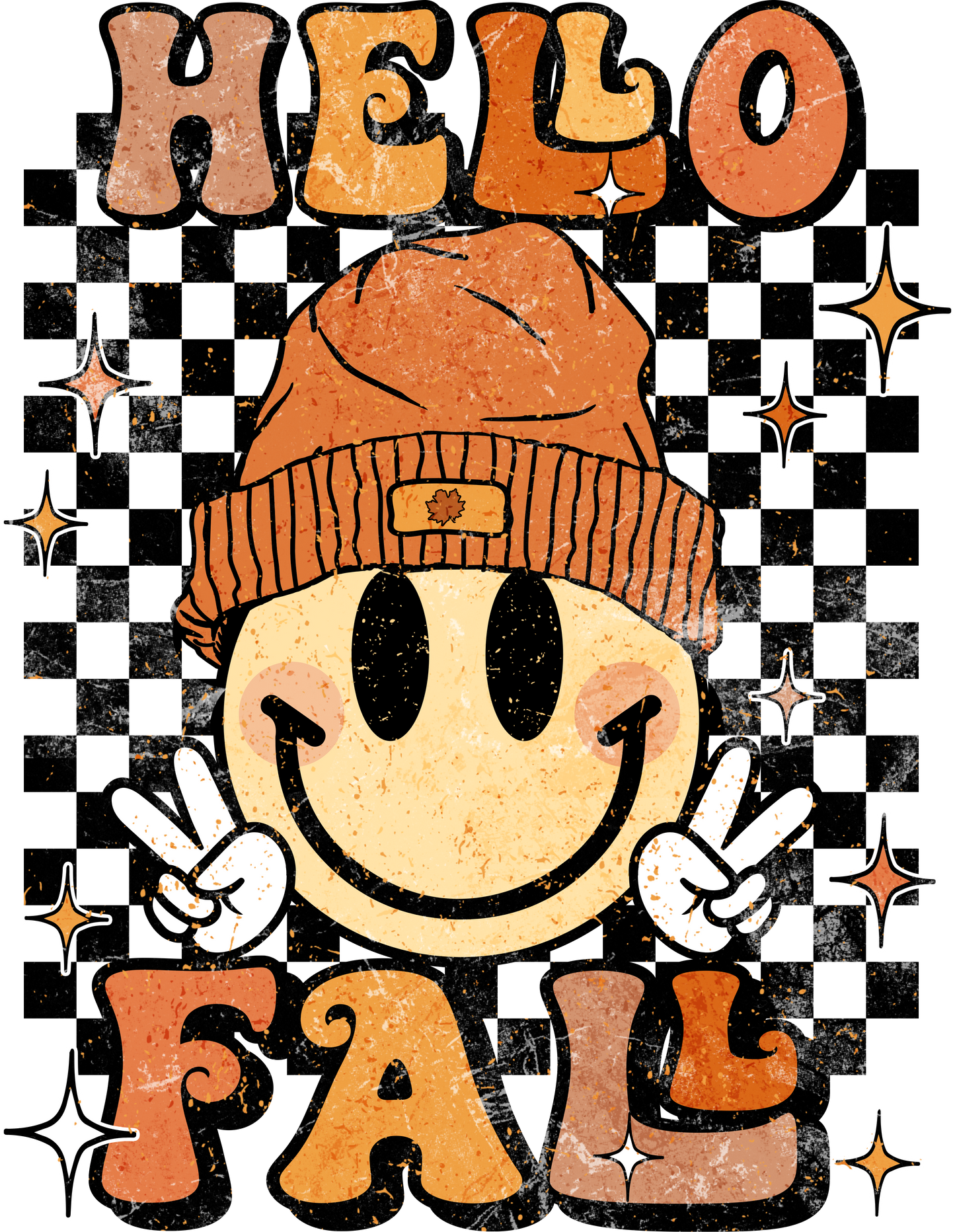 Retro Hello Fall Vibes Smiley Face Groovy Autumn Season (Back/Pocket Combo) Graphic T-Shirt