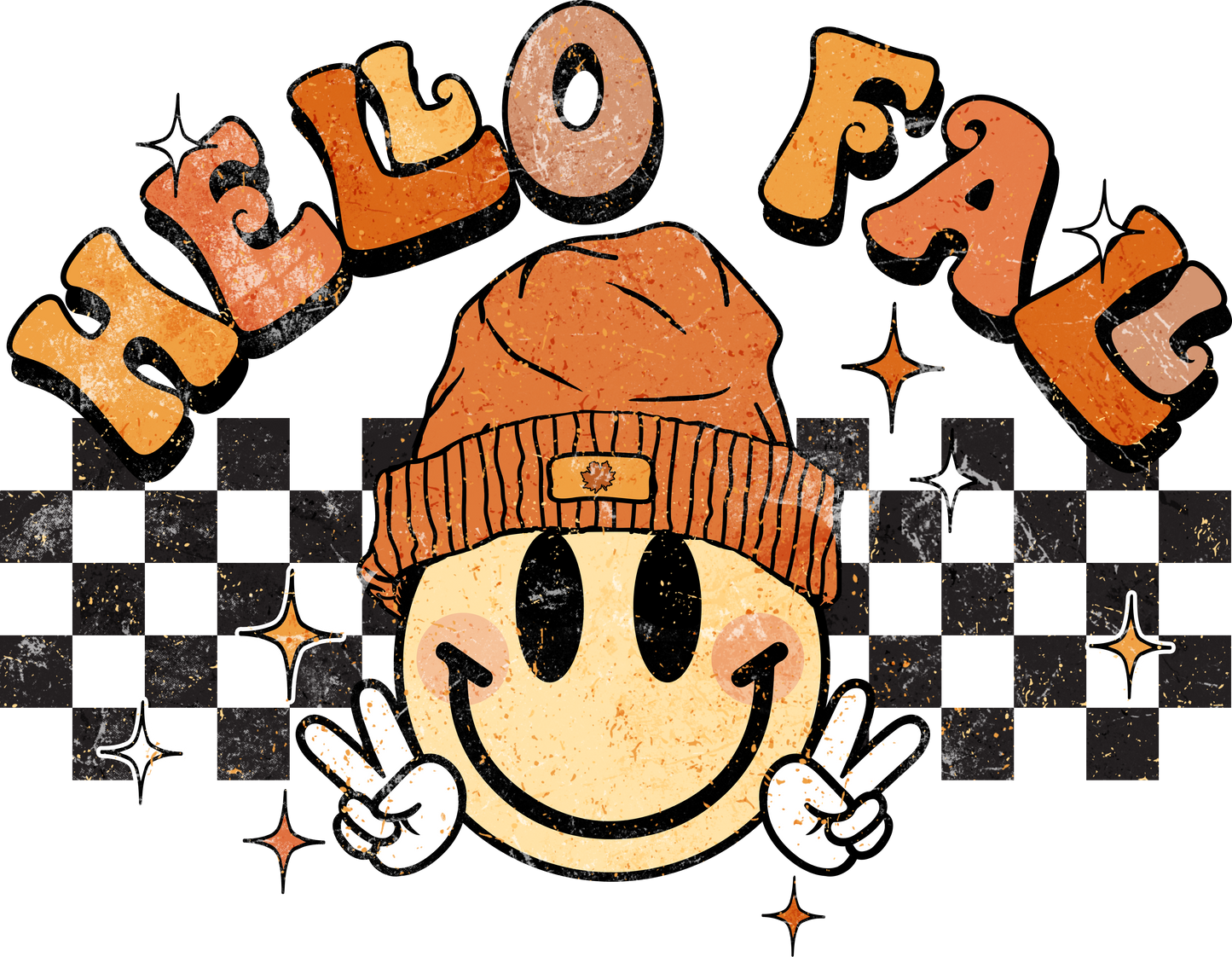 Retro Hello Fall Vibes Smiley Face Groovy Autumn Season (Back/Pocket Combo) Graphic T-Shirt