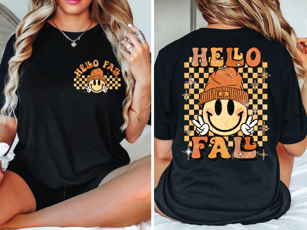 Retro Hello Fall Vibes Smiley Face Groovy Autumn Season (Back/Pocket Combo) Graphic T-Shirt