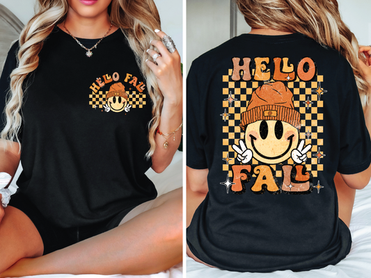 Retro Hello Fall Vibes Smiley Face Groovy Autumn Season (Back/Pocket Combo) Graphic T-Shirt