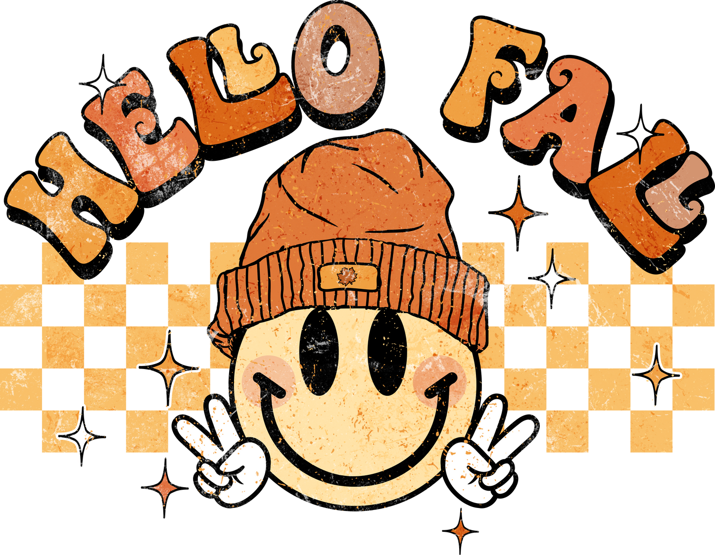 Retro Hello Fall Vibes Smiley Face Groovy Autumn Season (Back/Pocket Combo) Graphic T-Shirt