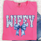 A pink t-shirt with the word "WIFEY" printed on it, along with a blue bow.