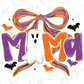 a Halloween-themed design with a ghost, a bow, and bats.