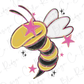 A stylized illustration of a bee with a yellow body, black stripes, and pink accents, surrounded by stars and other decorative elements.