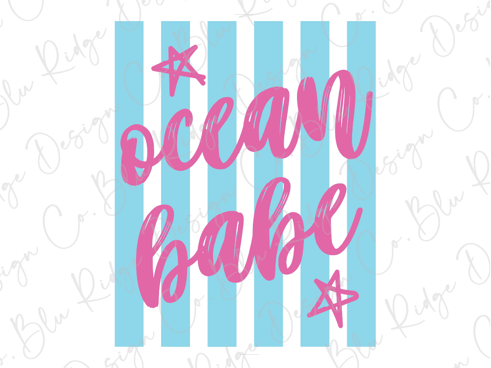 a vibrant and playful design with the text "ocean babe" written in a cursive pink font against a background of blue and white striped vertical lines. There are also two pink stars positioned above the text.