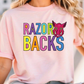 A woman wearing a pink t-shirt with the text "RAZOR BACKS" printed on it.