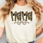 a woman wearing a t - shirt with the word mom printed on it