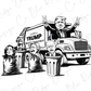 a black and white drawing of a truck with people around it