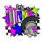 The image is a colorful and stylized graphic featuring a helmet with a star on it, surrounded by various shapes and patterns in shades of pink, purple, green, and black.