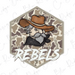 A cartoon illustration of a man wearing a cowboy hat and a bandana, with the word "REBELS" written below the image.