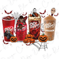 a group of halloween treats and drinks on a white background